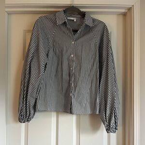 Gray and White Balloon Sleeved Striped Button-Up Shirt